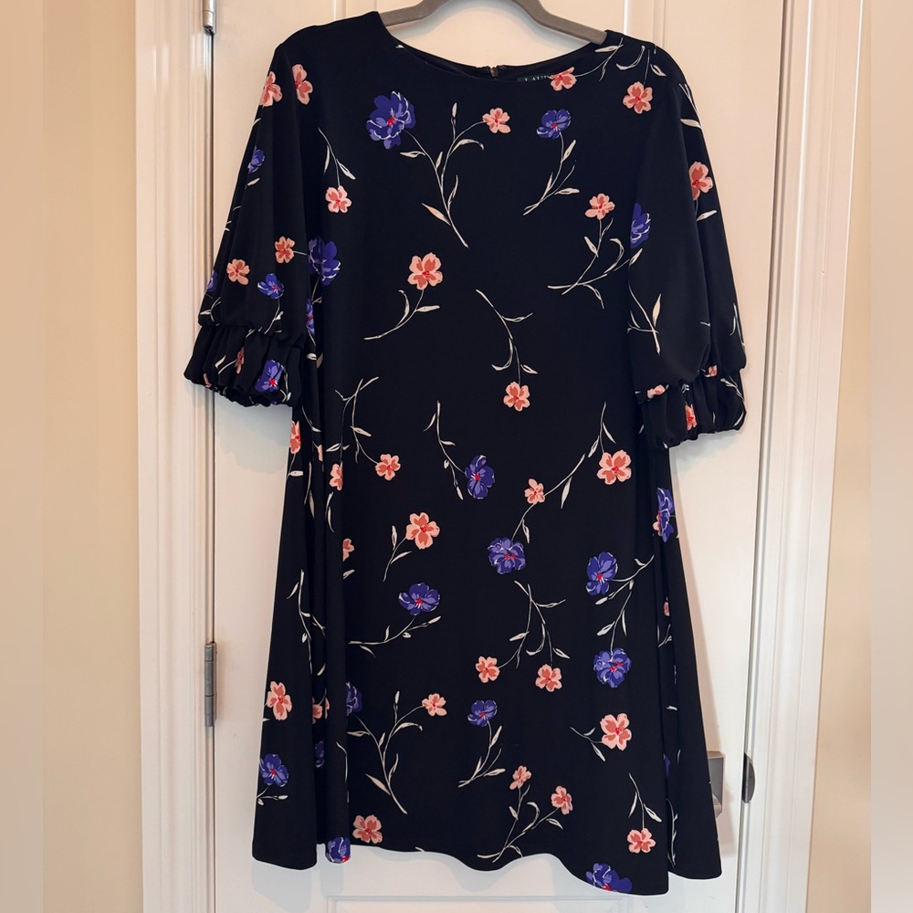 Lauren Ralph Lauren Dark Floral Shift Dress 14P 3/4 Ruffle Sleeve Modest Party - Picture 2 of 12